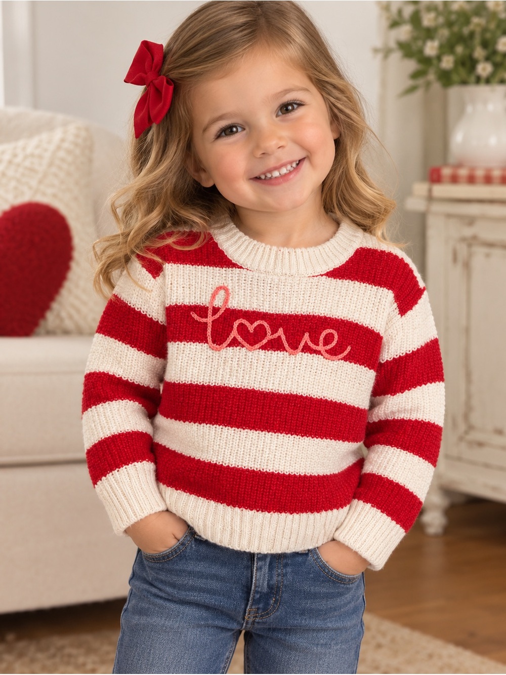 Toddler 3T Pullover Red & Cream Striped 'Love' Crewneck Cat & Jack Sweater